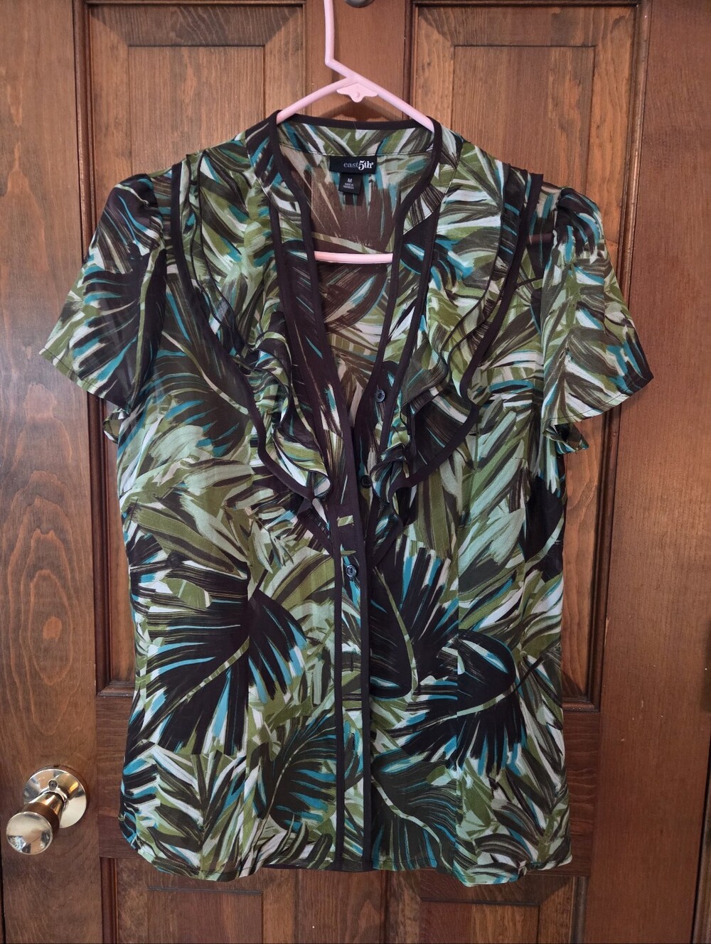 Casual Fit Green and Brown Tropical Print Ruffle Blouse